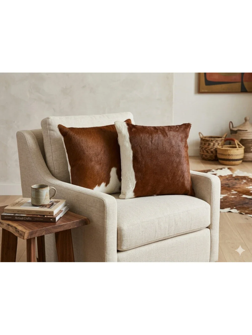 Pair of Natural Cowhide Throw Pillows Genuine Hair on Hide Brown White 16”